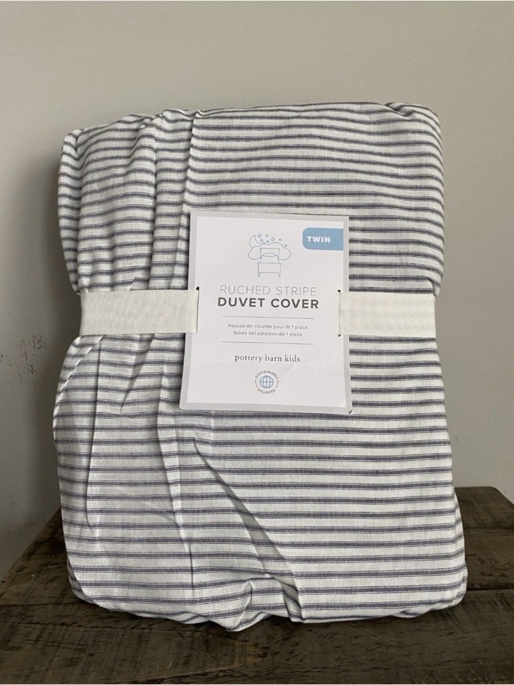 POTTERY BARN KIDS 100% COTTON RUCHED STRIPE DUVET COVER TWIN GRAY NEW